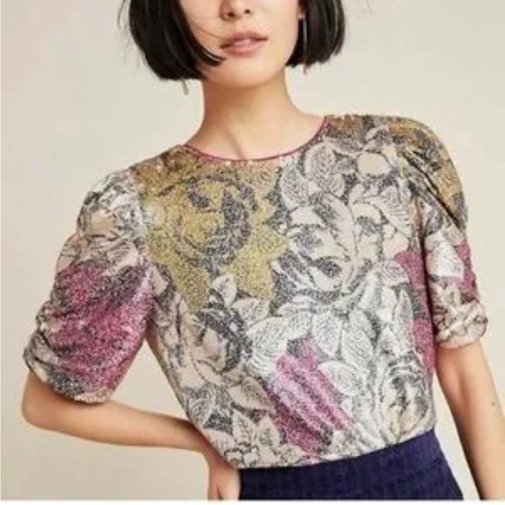Anthropologie Marie Floral Sequined Blouse
